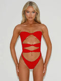 Women's hollow-out one-piece swimsuit in nylon fabric showing fashion design with cut-out details
