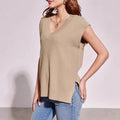 Women's V-neck sleeveless vest in camel colour with loose fit pullover design