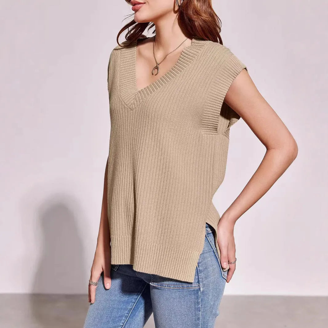 Women's V-neck sleeveless vest in camel colour with loose fit pullover design