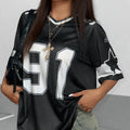 Large number printed V-neck loose T-shirt in bird eye polyester fabric with street style design