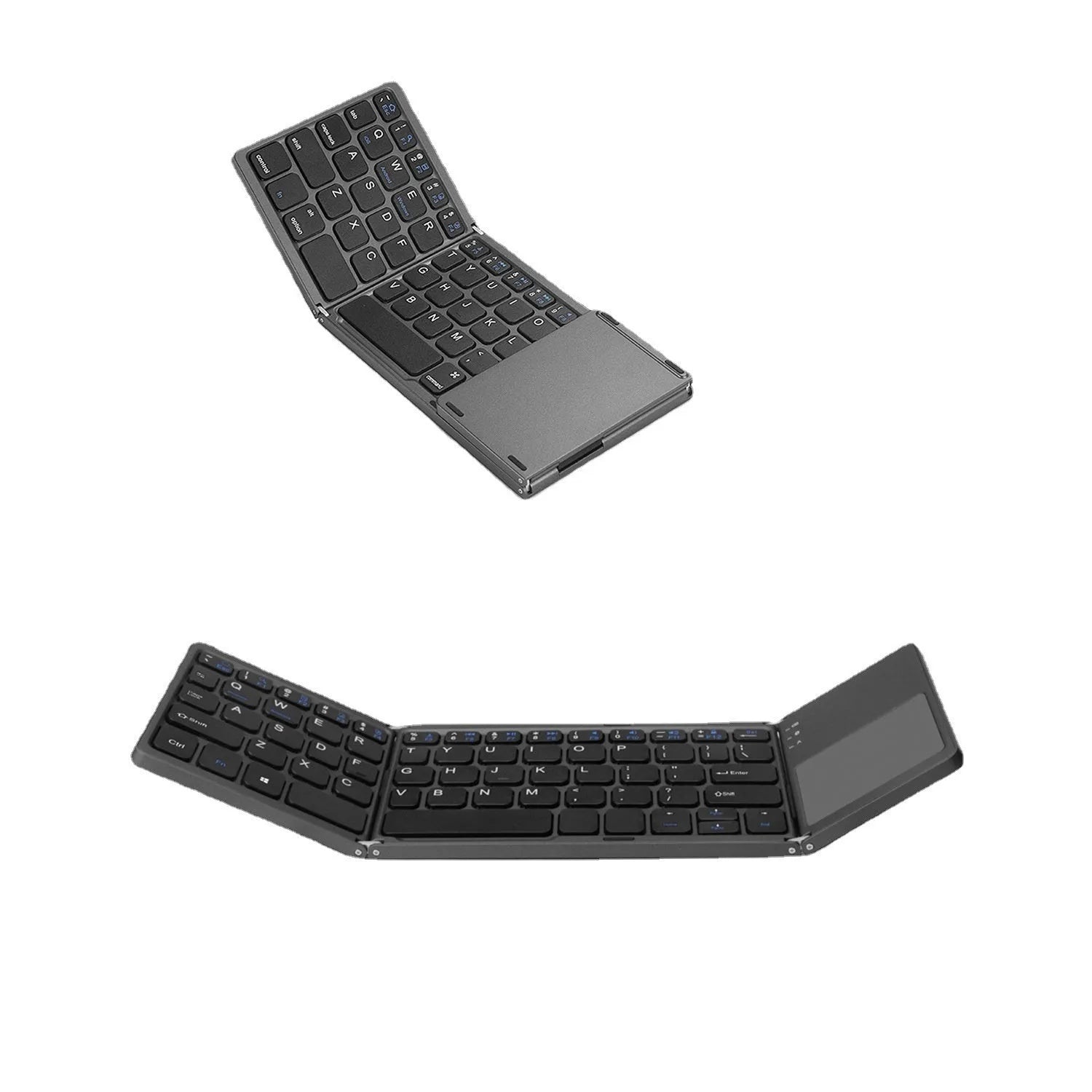 Mini tri-fold Bluetooth keyboard shown folded and unfolded with silver finish