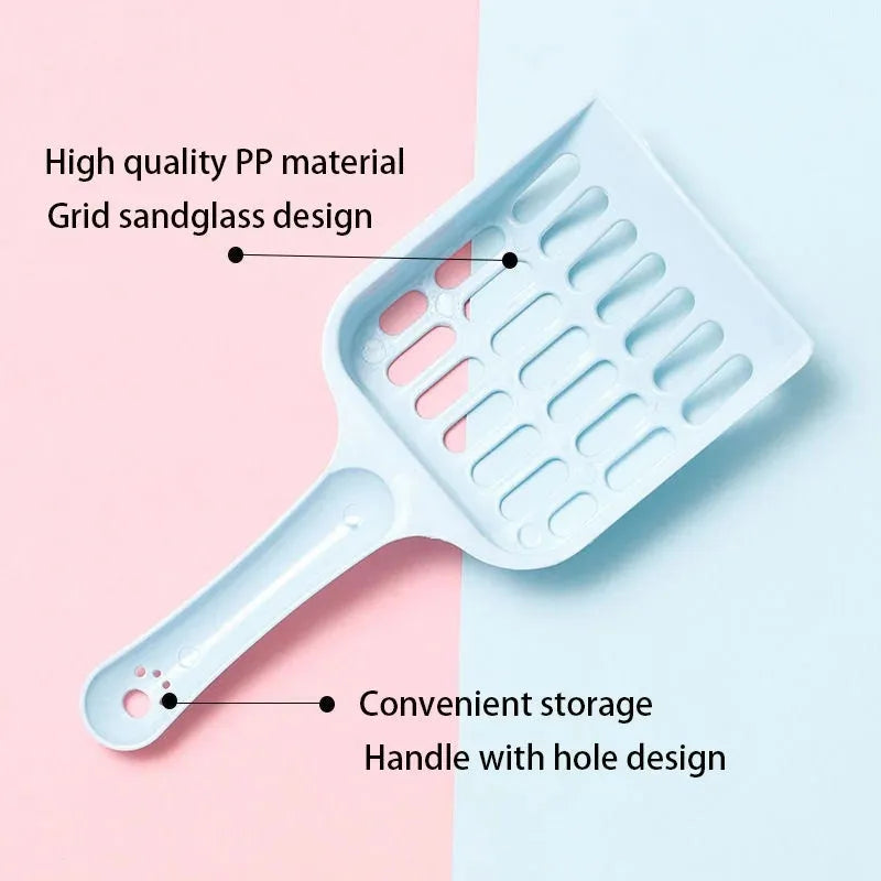 Blue plastic cat litter scoop for cleaning pet litter trays, shown with measurements.