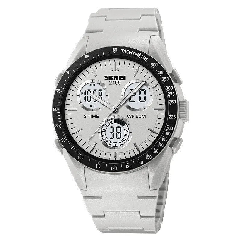 Casual digital watch with a camouflage strap and a digital display, showing 50m waterproof rating.
