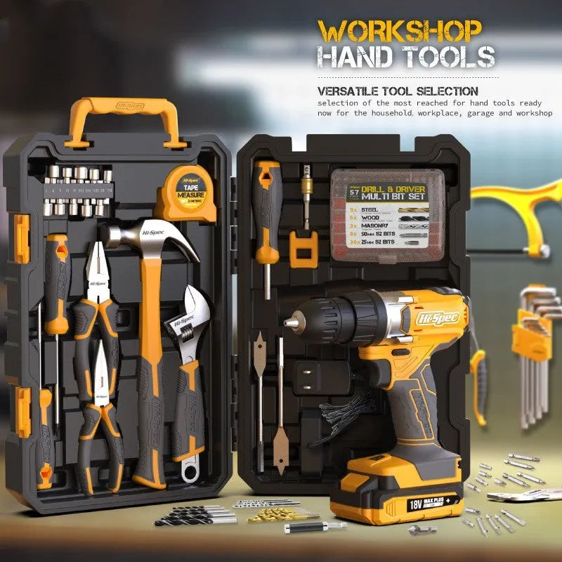 82-piece chrome-vanadium steel tool set in grey-yellow case for furniture installation