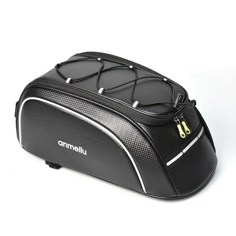 Waterproof black bicycle rack bag with 8L capacity mounted on bicycle rear rack