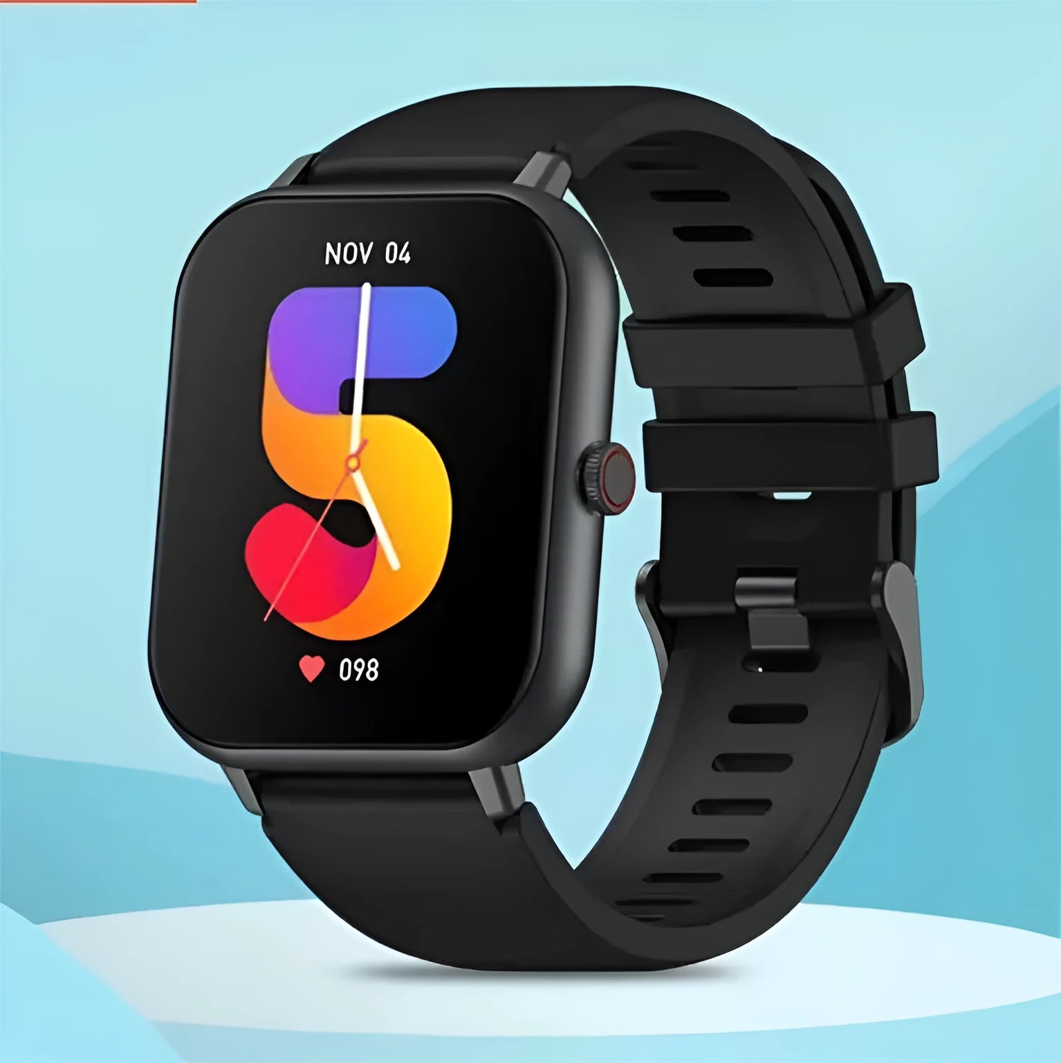 Bluetooth smart watch in black on wrist, showing heart rate and step count on its colour touchscreen.