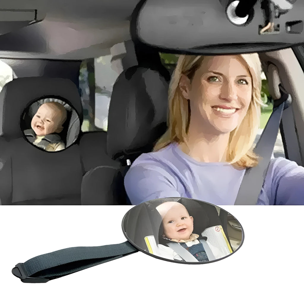 Black baby car rearview mirror with adjustable strap for viewing children in reverse-facing seats