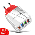 Multi-port USB charging head with luminous indicator showing US, EU and UK plug variants