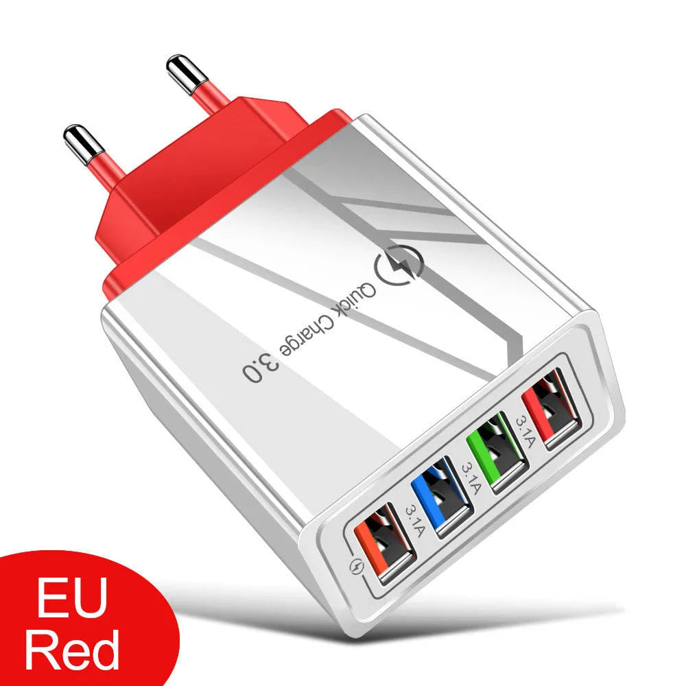 Multi-port USB charging head with luminous indicator showing US, EU and UK plug variants