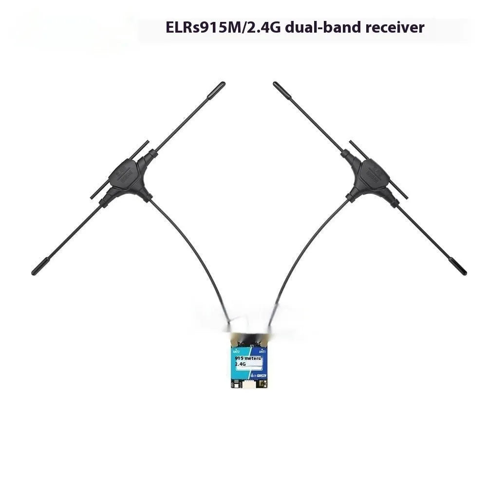 ELRS dual-band FPV drone receiver module with two T-shaped antennas and connecting cable.