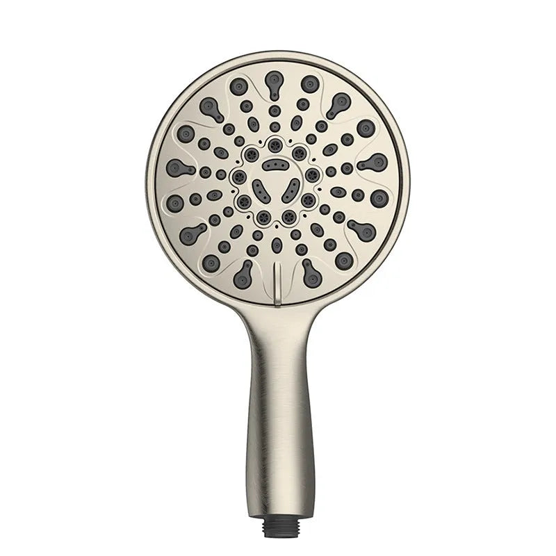 A portable handheld shower head with an electroplated metallic finish, showing its spray face and hose connection.