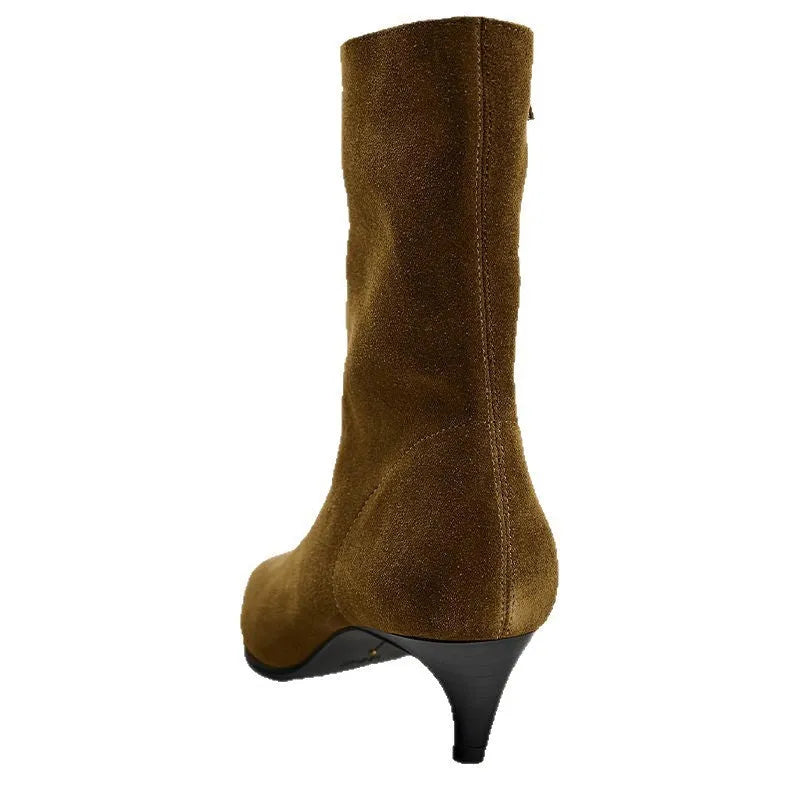 Brown square toe retro ankle boots with a side zip and a kitten heel on a waterproof platform sole.