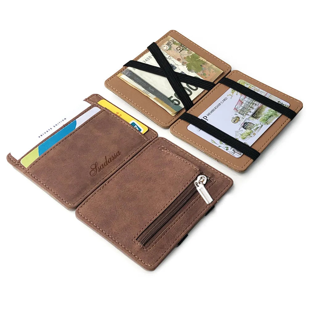 Korean style matte leather magic wallet in horizontal square shape showing coin pocket and sewn detailing.