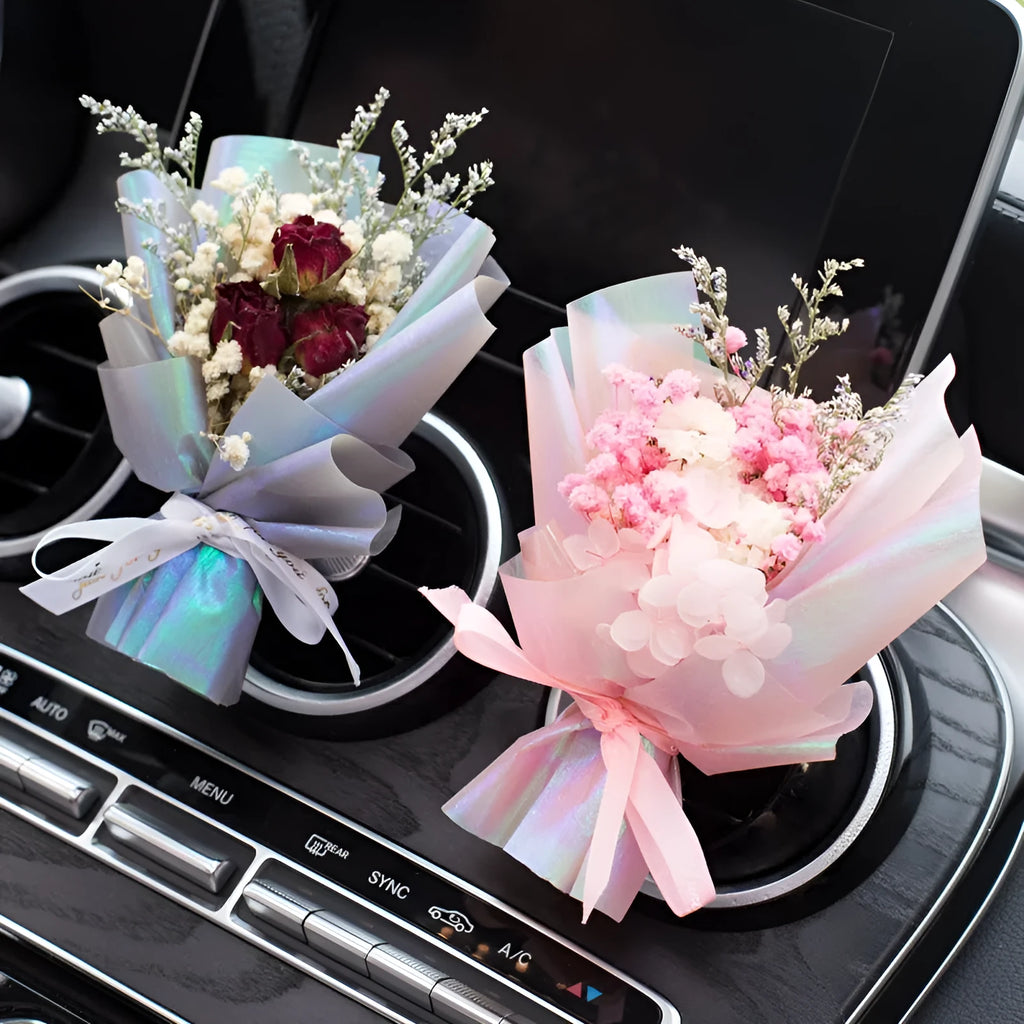 Handmade dried flower bouquet car vent air freshener clip in assorted colours.