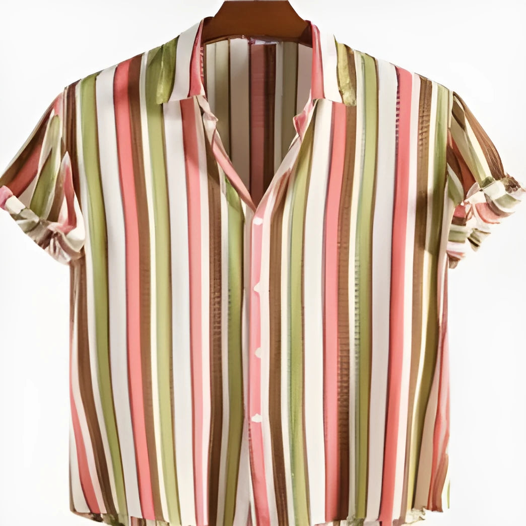 A man's short-sleeved casual shirt with a digital printed pattern, shown in colour 1.