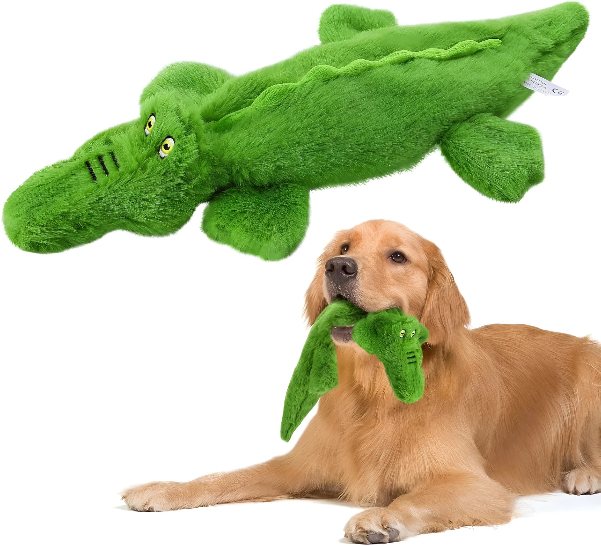 Green plush crocodile dog toy with no stuffing, featuring a squeaker and crinkle paper tail.