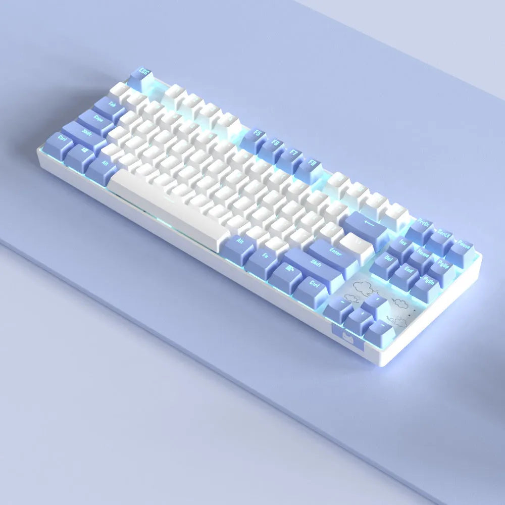 Wireless Bluetooth mechanical keyboard with a metal base in purple-white or blue-white colour options.