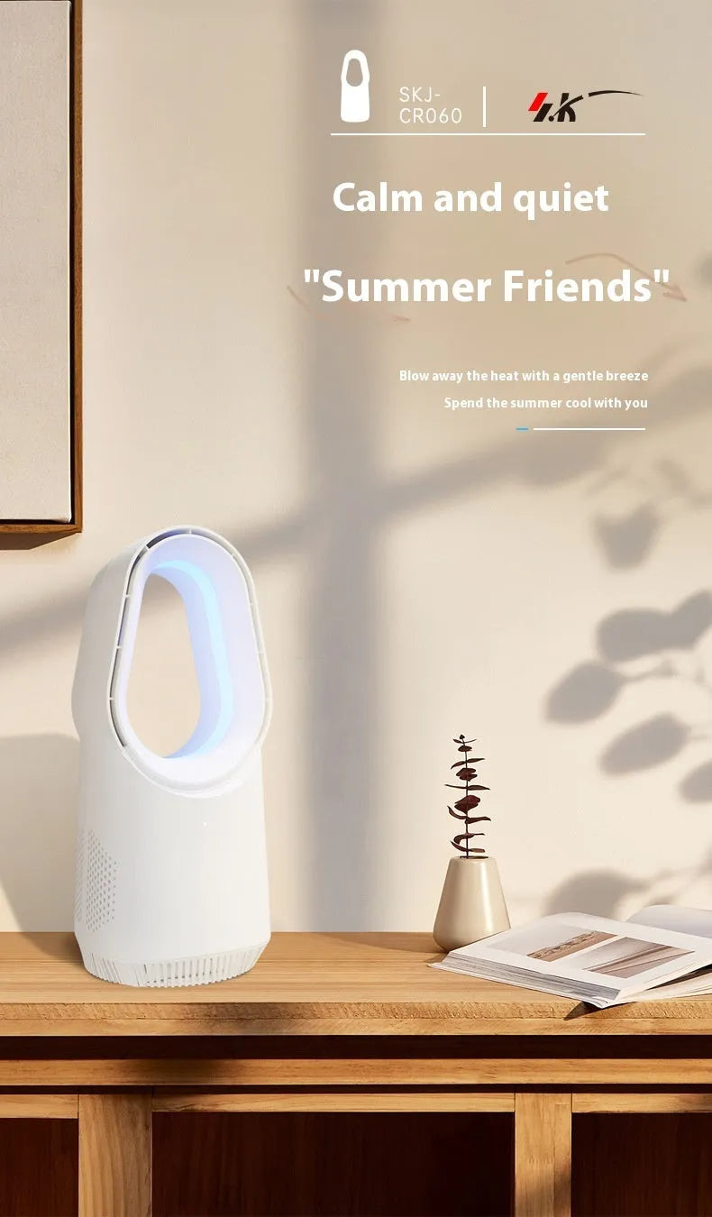 White SK bladeless tower fan with touch screen controls, suitable for floor or desktop use