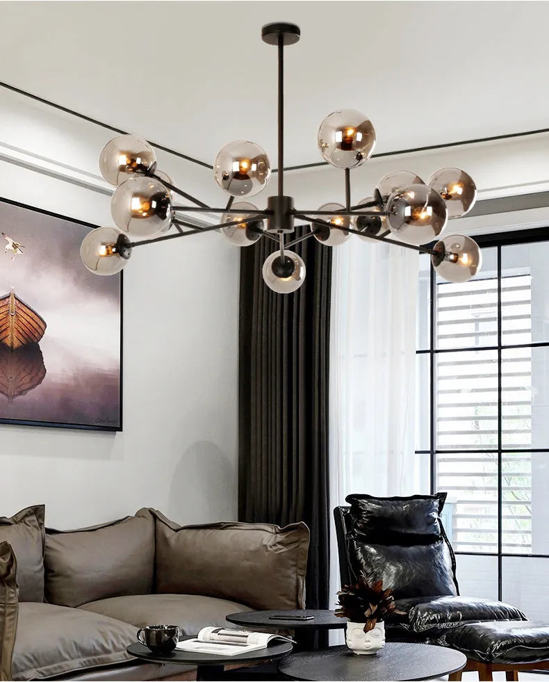 Brass LED glass chandelier with iron frame, 128cm diameter, E14 warm light, for living room
