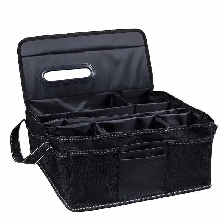 Black Oxford cloth car storage box with dimensions 33x33x16cm for vehicle boot organisation