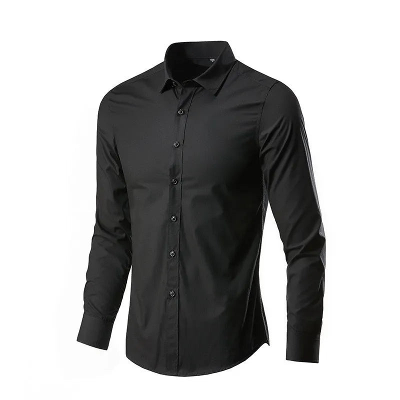 Man wearing a loose-fit long-sleeve linen shirt in a neutral colour, showcasing the casual fit and texture.