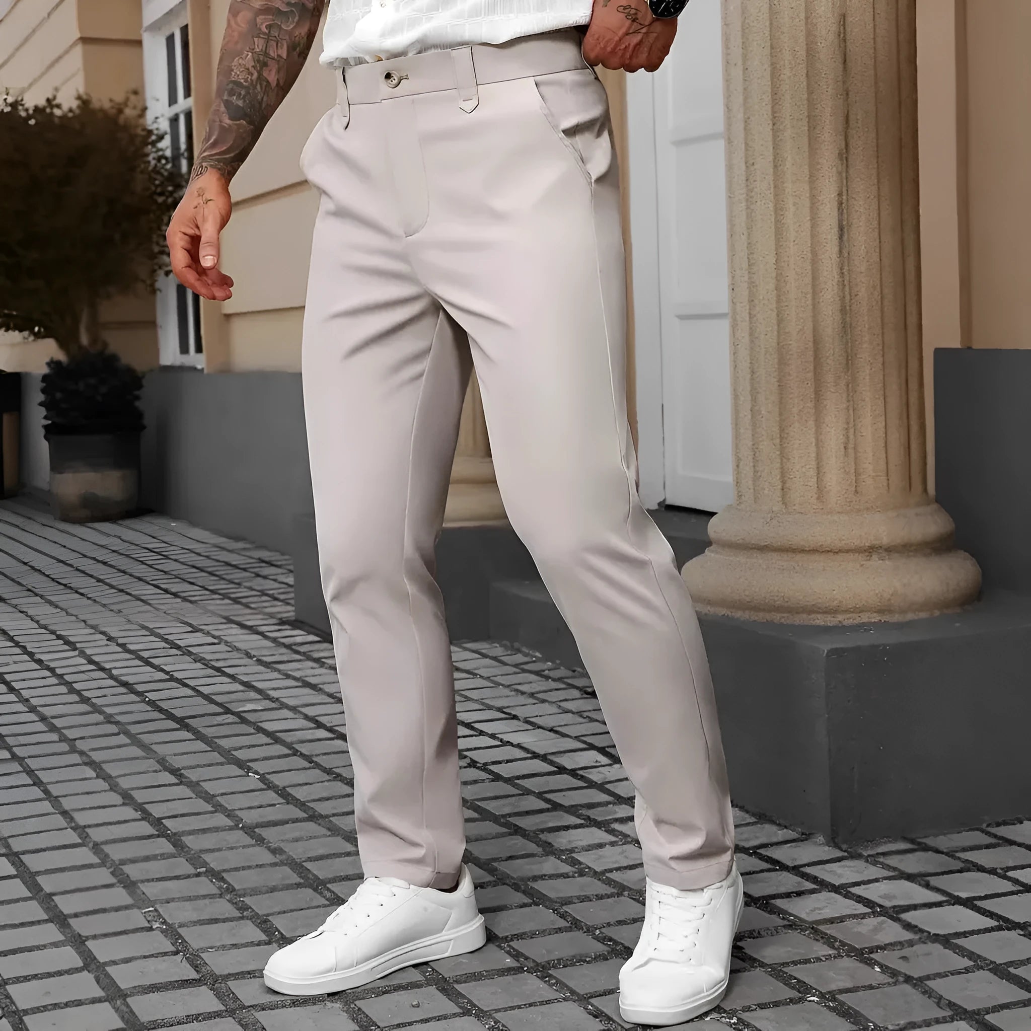 Men's straight leg business trousers in polyester available in black, apricot, white, and grey colours
