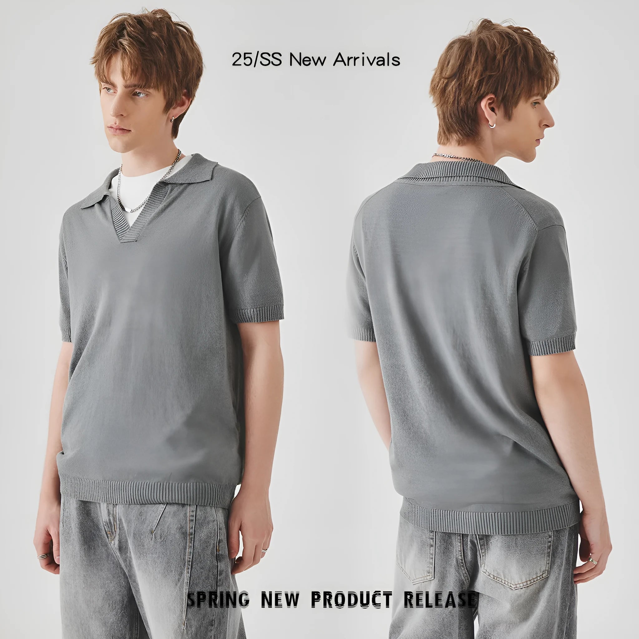 Men's solid colour knitted polo t-shirt on a hanger, showing short sleeves and a casual collar.