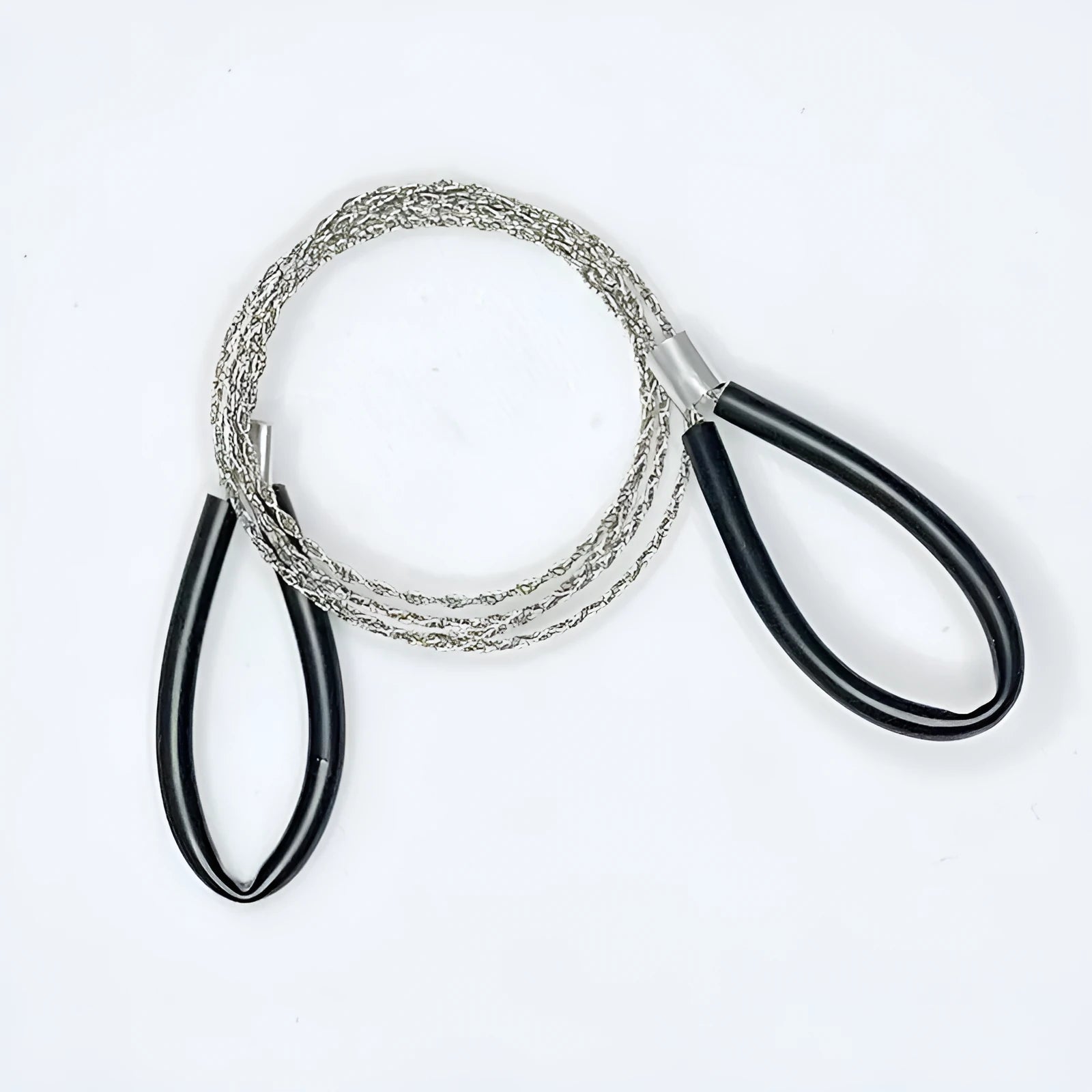 A black or red leather case containing a coiled stainless steel survival wire saw, approximately 70 cm long.