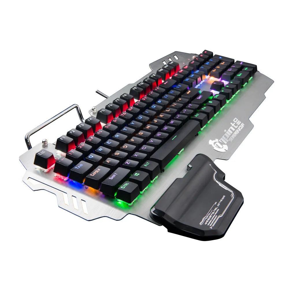 Silver metal panel professional gaming keyboard with wrist splint accessory on desktop