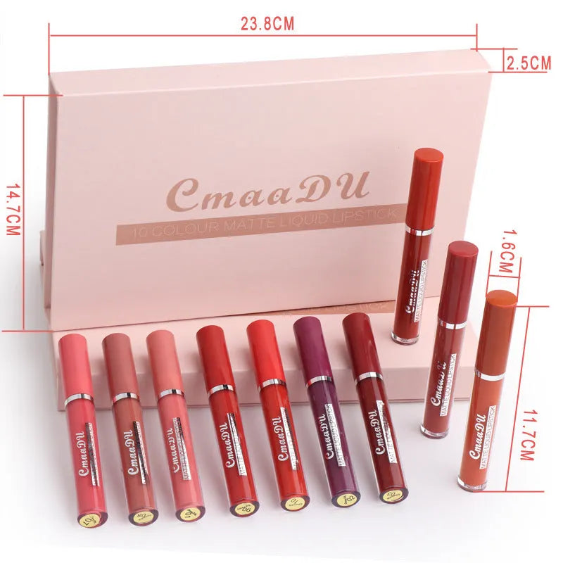 Ten matte lipsticks in a slim black case showing waterproof non-stick cup formula.