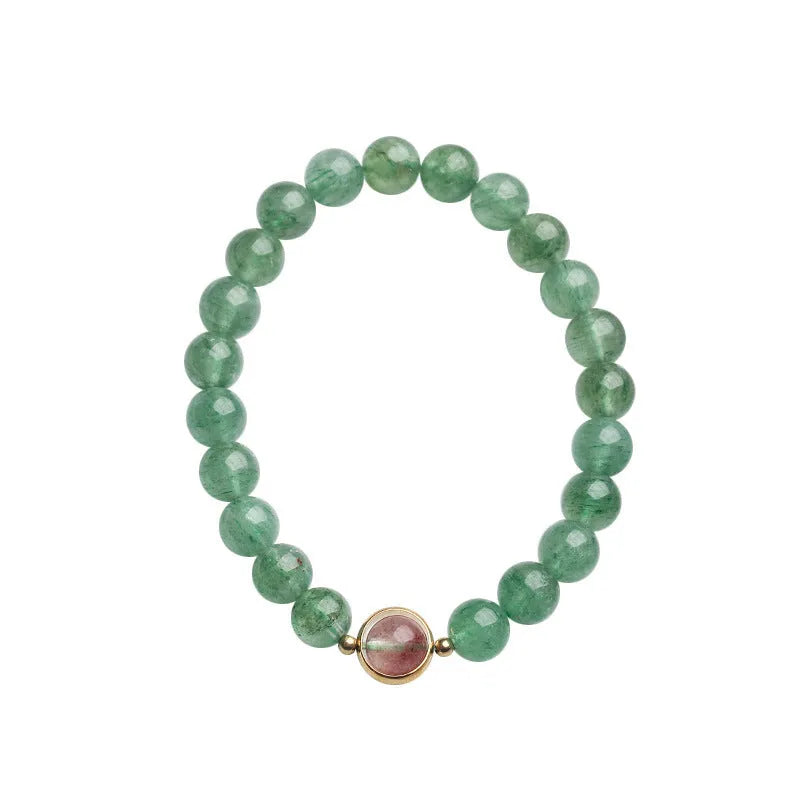 Green strawberry quartz women's bracelet with 7.5mm spherical beads and Chinese auspicious patterns in hand-woven single circle design