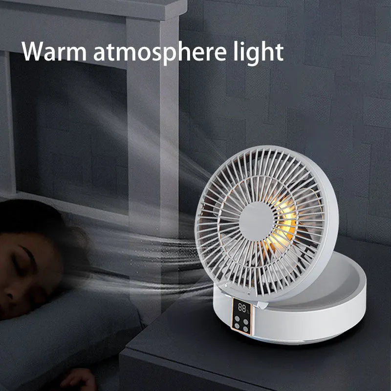White portable rechargeable folding fan with remote control and night light shown in desktop and wall-mounted positions