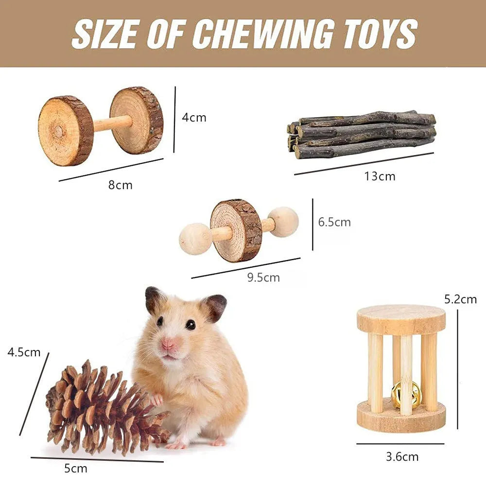 Assortment of natural wooden toys for small pets including balls, rings, and mats for chewing and play.