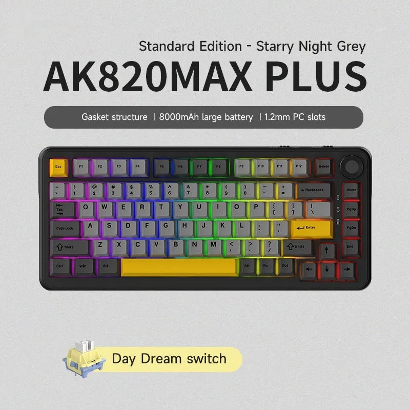 Three-mode mechanical keyboard with black, grey, and yellow colour options and included accessories