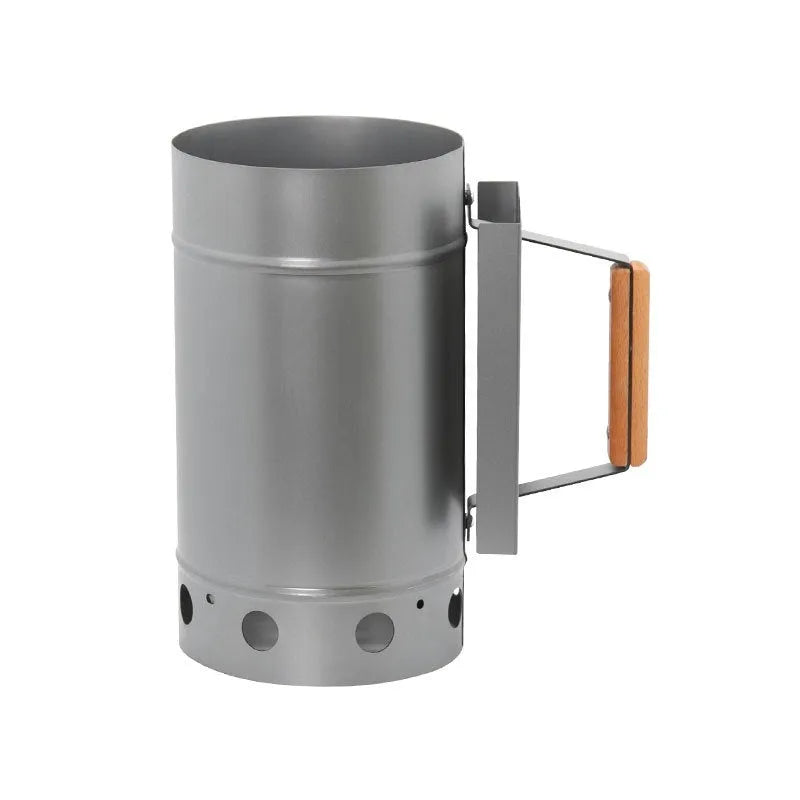 Zinc-iron alloy outdoor charcoal burner in carbon bucket style with an oven igniter.