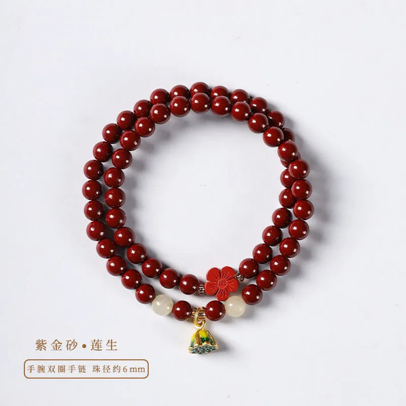 Purple gold cinnabar beads double circle bracelet with lotus seedpod design