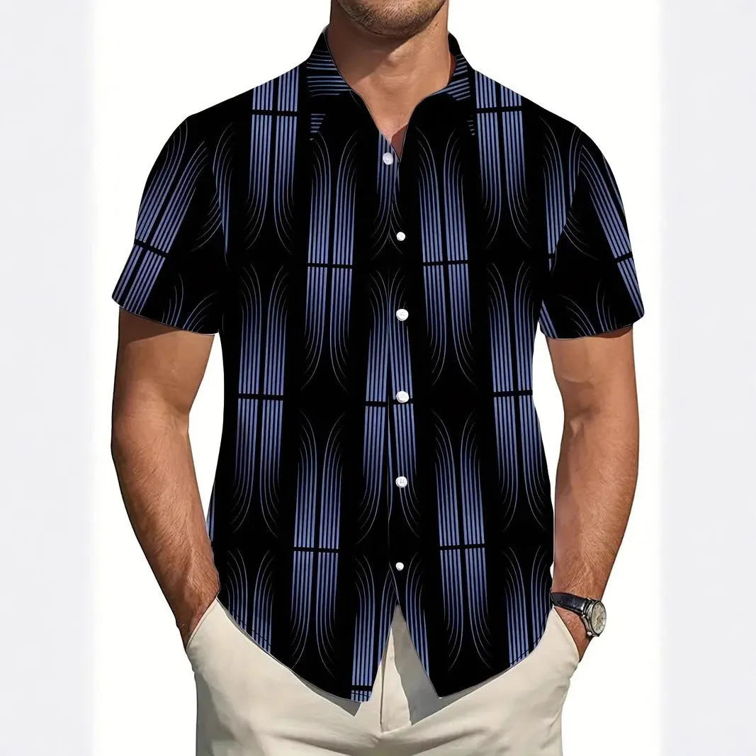 Men's geometric line print short sleeve shirt with lapel neckline in slim fit