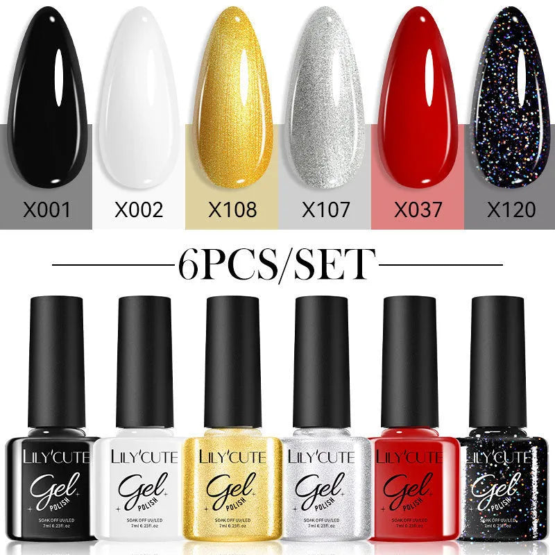 Set of 20 UV gel nail polish bottles in various colours including glitter and nude shades for nail art
