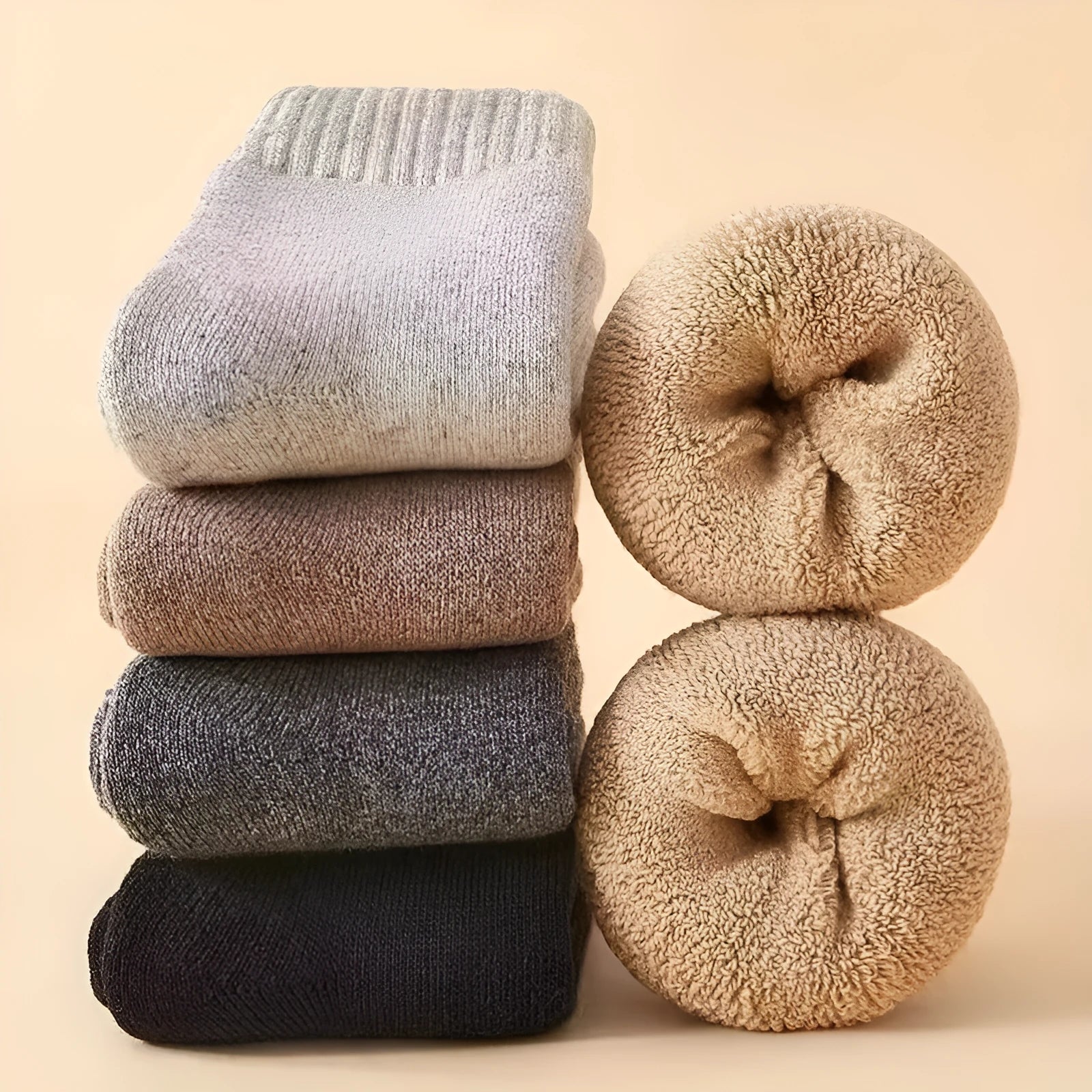 A pair of thick winter wool socks with a Merino midsole in a solid colour, shown next to its presentation box.
