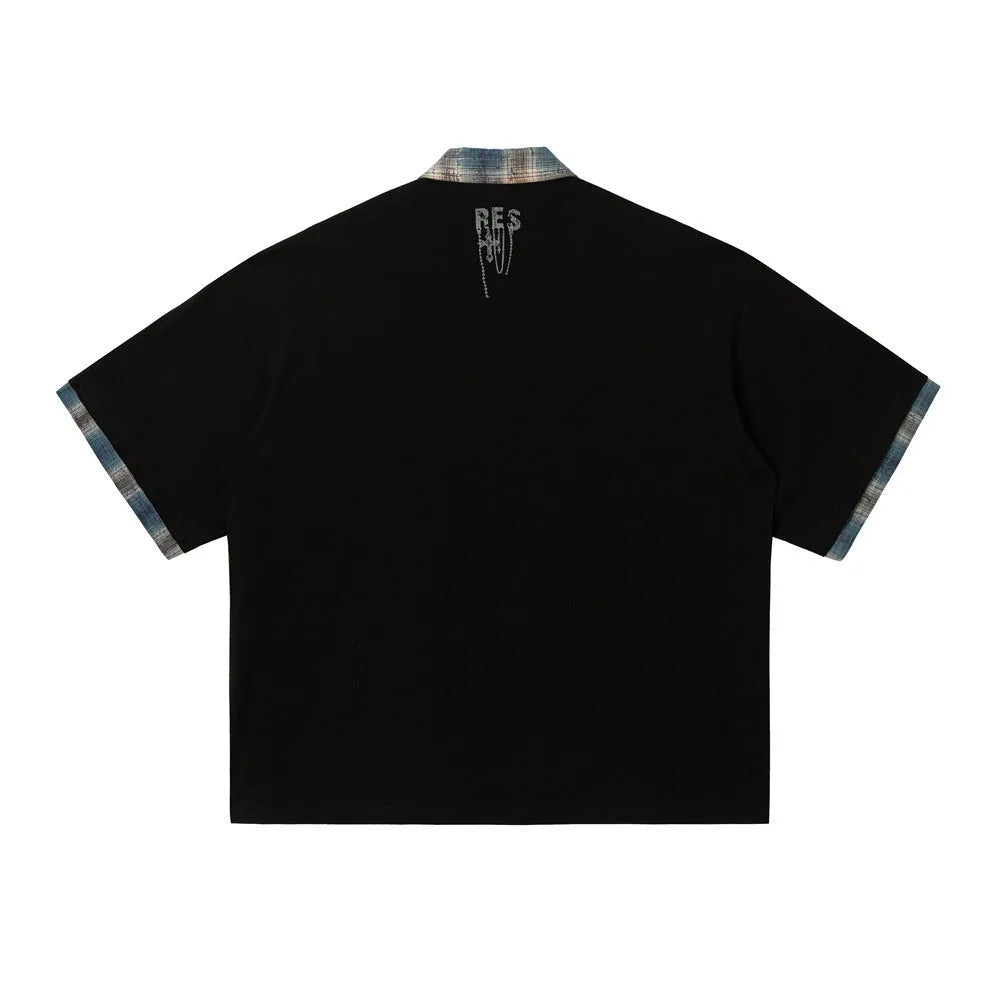 Men's loose asymmetric short-sleeve top with a lapel graffiti print in cotton.