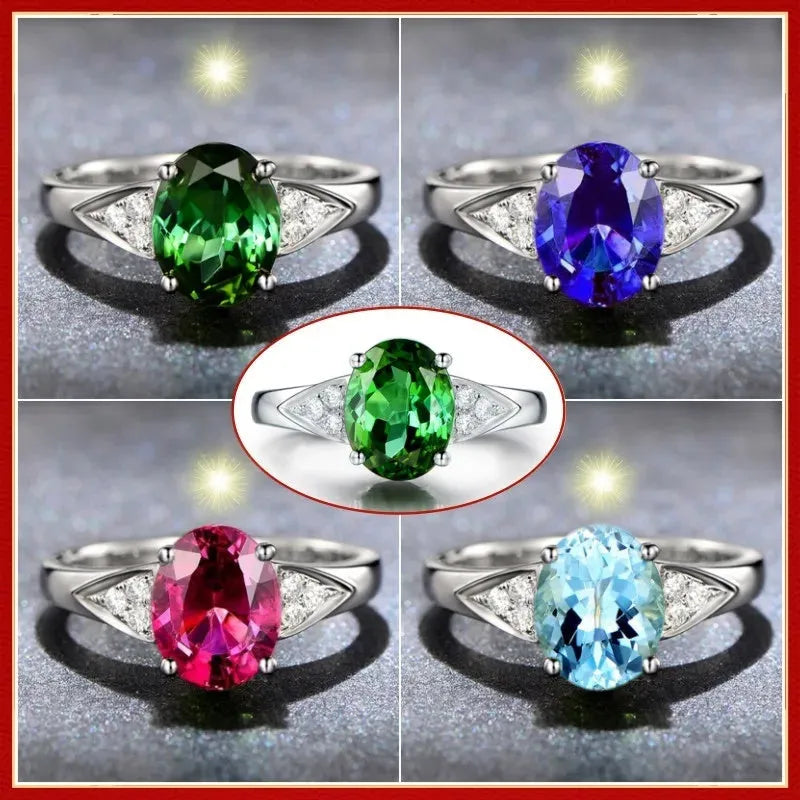 Women's court style ring set with natural blue and red zircon stone inlays in heart, water drop, and bell patterns.