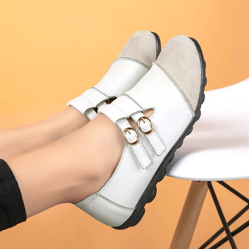 Button plus size casual low-top flat shoes with Velcro strap in six colour options.