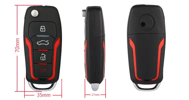 Red and black one-way remote car alarm system with two remotes for 3000m range vehicle security.