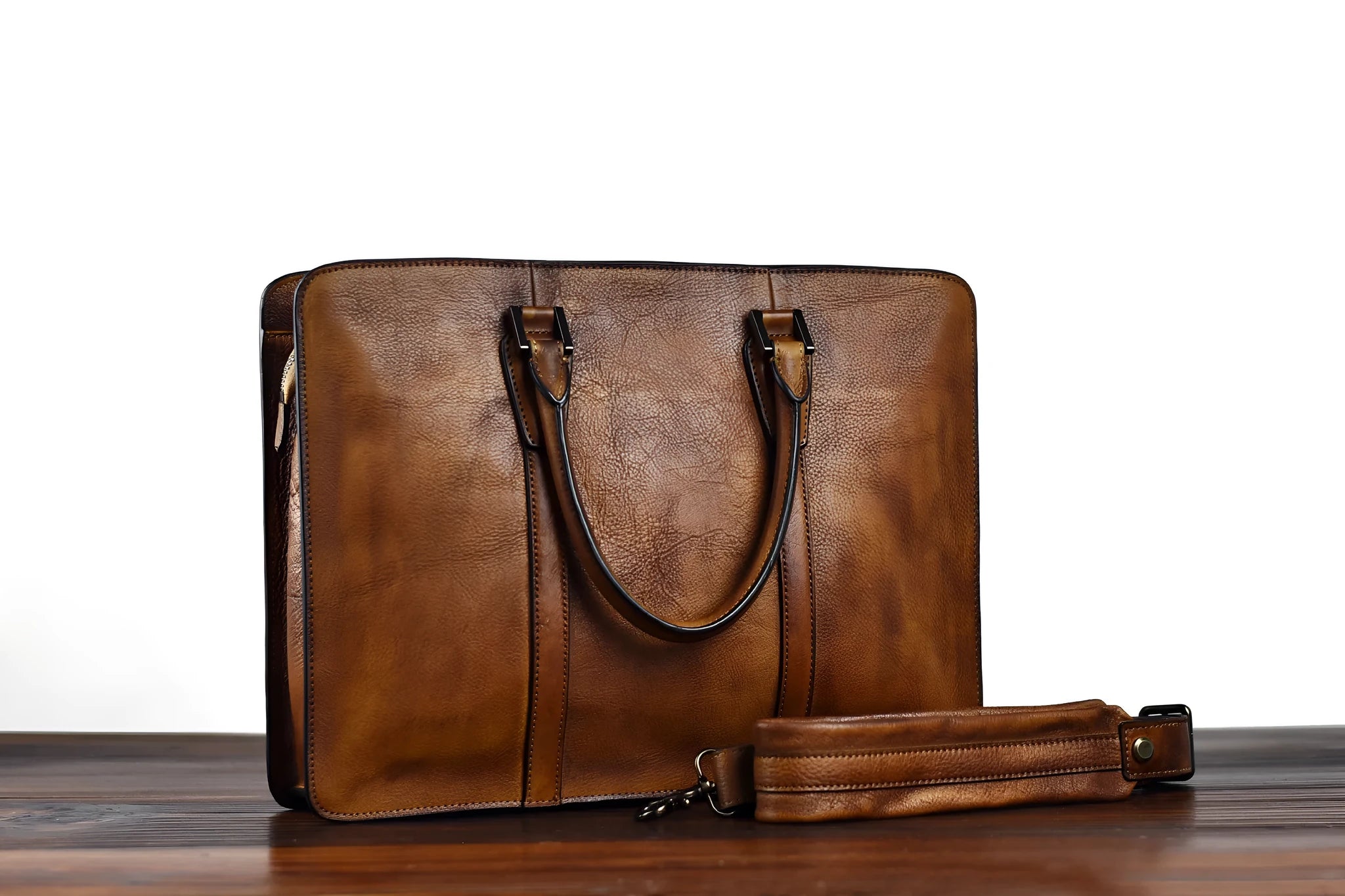 Men's black leather horizontal handbag with zipper opening showing 14-inch size.