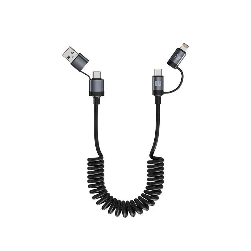 Two Fast Charge car spring wire data cable in black with Lightning and Type-C connectors