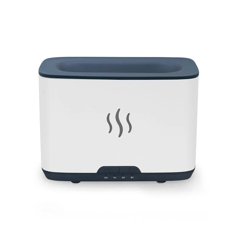 New Flame 300ml ultrasonic aromatherapy humidifier in white on a desktop with USB cable
