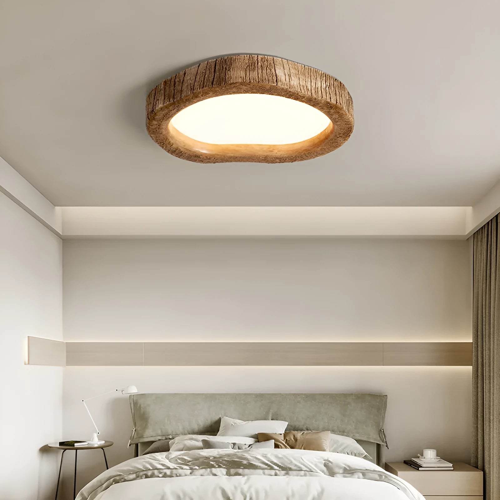 New Chinese style wood grain finish ceiling lamp for bedrooms in three round sizes.