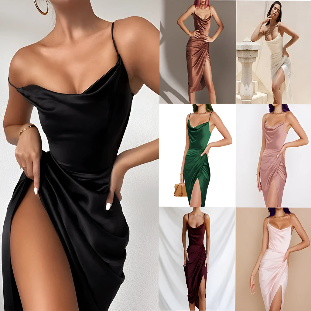 Women's high-waisted satin midi skirt in black with a side slit, laid flat on a white background.