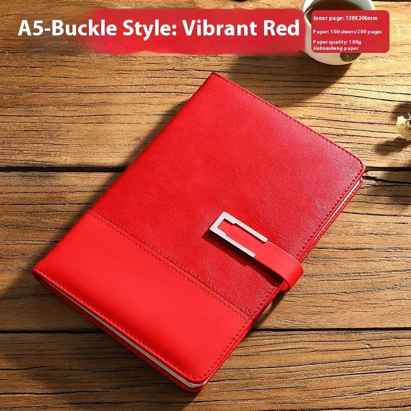 A5 soft PU leather notebook in brown, black, green, blue, or red, showing wood-free paper inside.