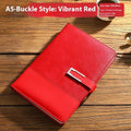 A5 soft PU leather notebook in brown, black, green, blue, or red, showing wood-free paper inside.